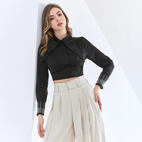 Load image into Gallery viewer, Solid Blouses For Women Lapel Long Sleeve Ruched Loose Patchwork Diamonds Short Shirts Female Autumn Clothing
