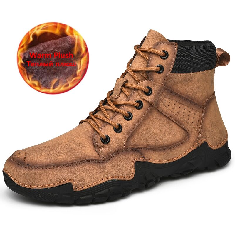 Winter Warm Boots Men's Leather Waterproof Ankle Boots Fashion Warm Fur Men's Snow Boots Outdoor Non-slip Men's Motorcycle Boots