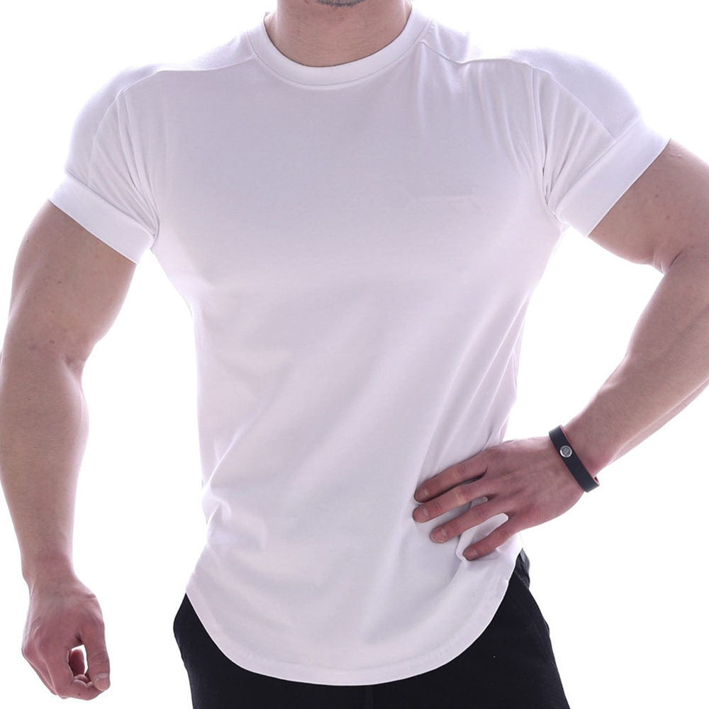 Casual Solid Short Sleeve T-shirt Men Gym Fitness Sports Cotton Shirt Male Bodybuilding Skinny Tee Tops Summer Training Clothes
