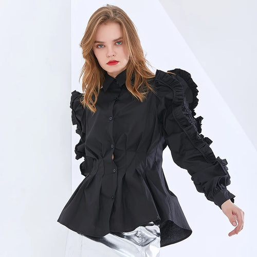 Load image into Gallery viewer, Elegant Solid Shirt For Women Lapel Ruffle Sleeve Tunic Minimalist Blouse Female Fashion Clothing Spring
