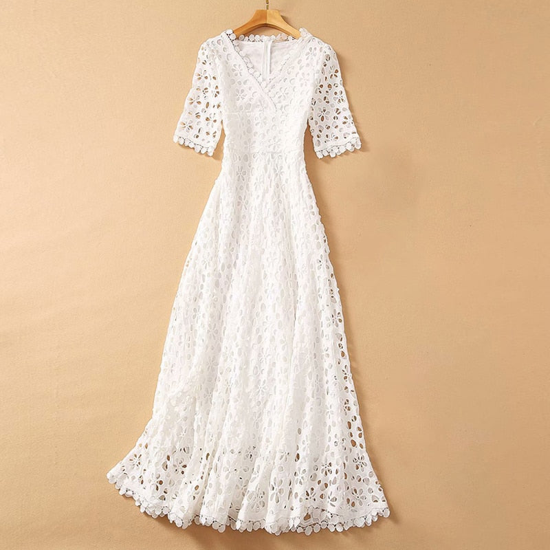 Hollow Out Embroidery Dress For Women V Neck Half Sleeve High Waist Elegant Dresses Female Fashion Clothing