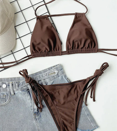 Halter Drawstring Bikini Set Bandage Swimsuit Micro Women Sexy Hollow Out Swimwear Female Brazilian Bathing Suit