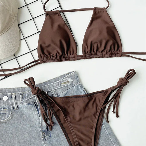 Load image into Gallery viewer, Halter Drawstring Bikini Set Bandage Swimsuit Micro Women Sexy Hollow Out Swimwear Female Brazilian Bathing Suit
