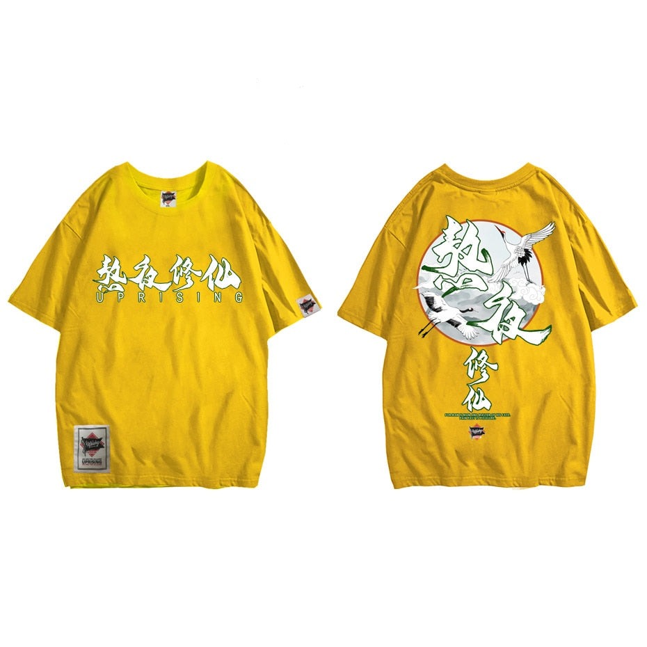 Hip Hop T Shirt Men Streetwear Harajuku Flying Crane City Print Tshirt Short Sleeve Cotton Casual T-Shirt Black New Fashion