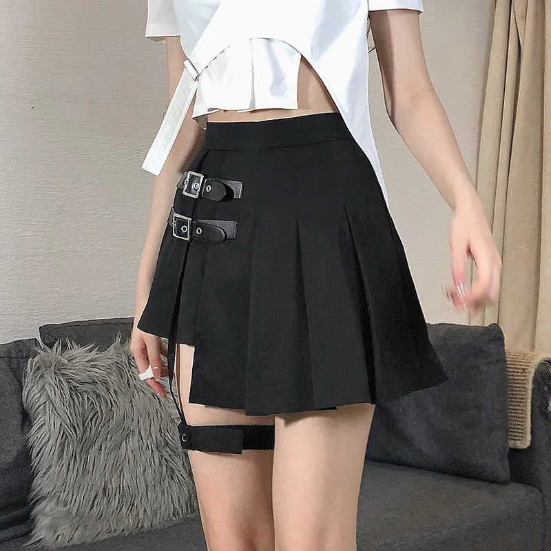 Asymmetrical Punk Style Black Pleated Skirt Buckle Summer High Waist Skirt Women Gothic Clothes Mini Skirts Party Hot