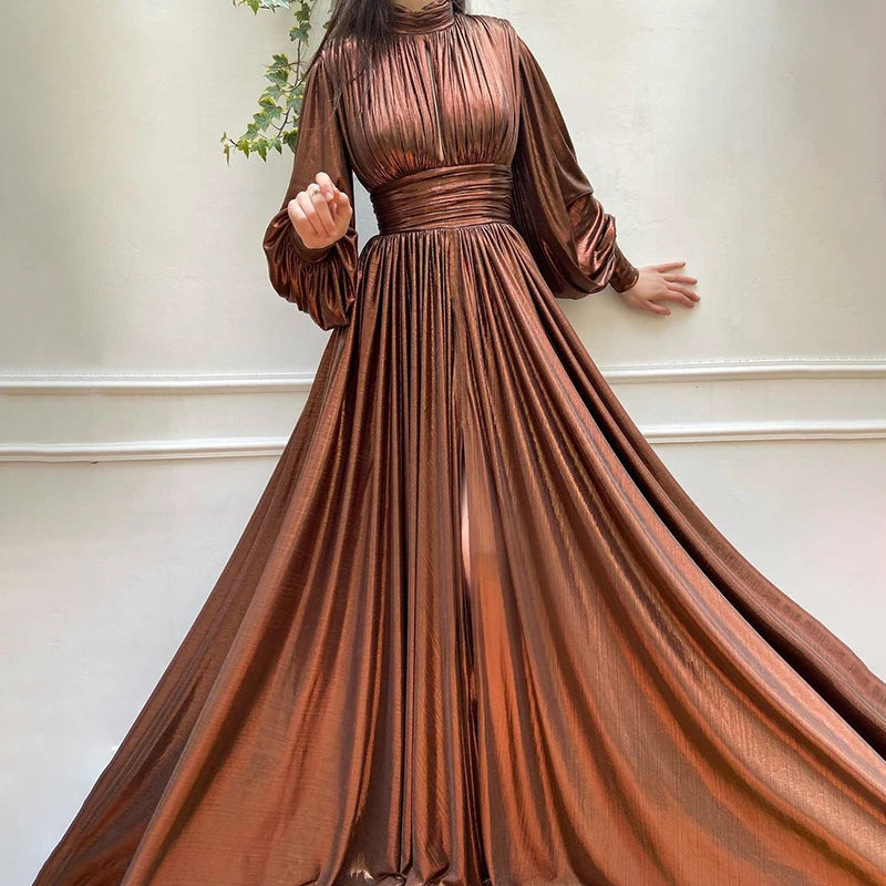 Green Sexy Cut Out Gathered Waist Long Dress Female Stand Collar Lantern Sleeve High-waisted Maxi Dresses For Women 2021 New