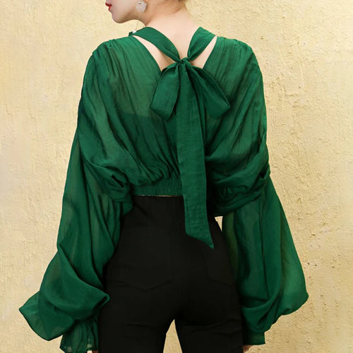 Load image into Gallery viewer, Casual Green Lace Up Blouses Female Stand Collar Batwing Long Sleeve Short Loose Shirts For Women Spring Style
