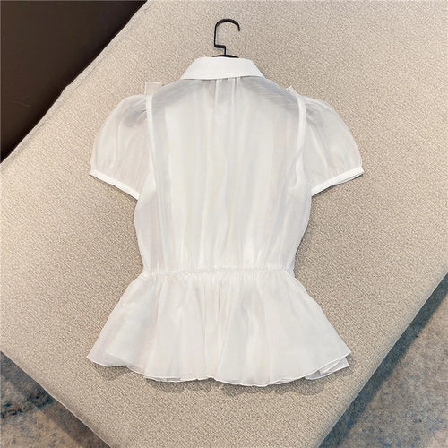 Load image into Gallery viewer, Elegant Bowknot Shirt For Women Lapel Puff Short Sleeve Patchwork Solid Blouses Female Summer Fashion
