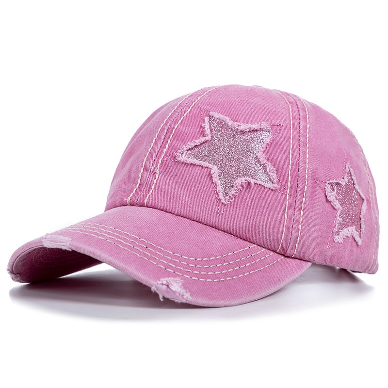 Fashion Women Ponytail Cap Sequins 5-Point Star Hole Design Baseball Cap Female Washed Cotton Streetwear Hats