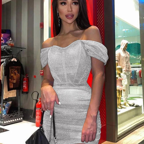 Load image into Gallery viewer, Bright Silk Off Shoulder Pleated Dresses Sexy Short Sleeve Elastic Waist Women Clothing Strapless Backless Sheath Dress
