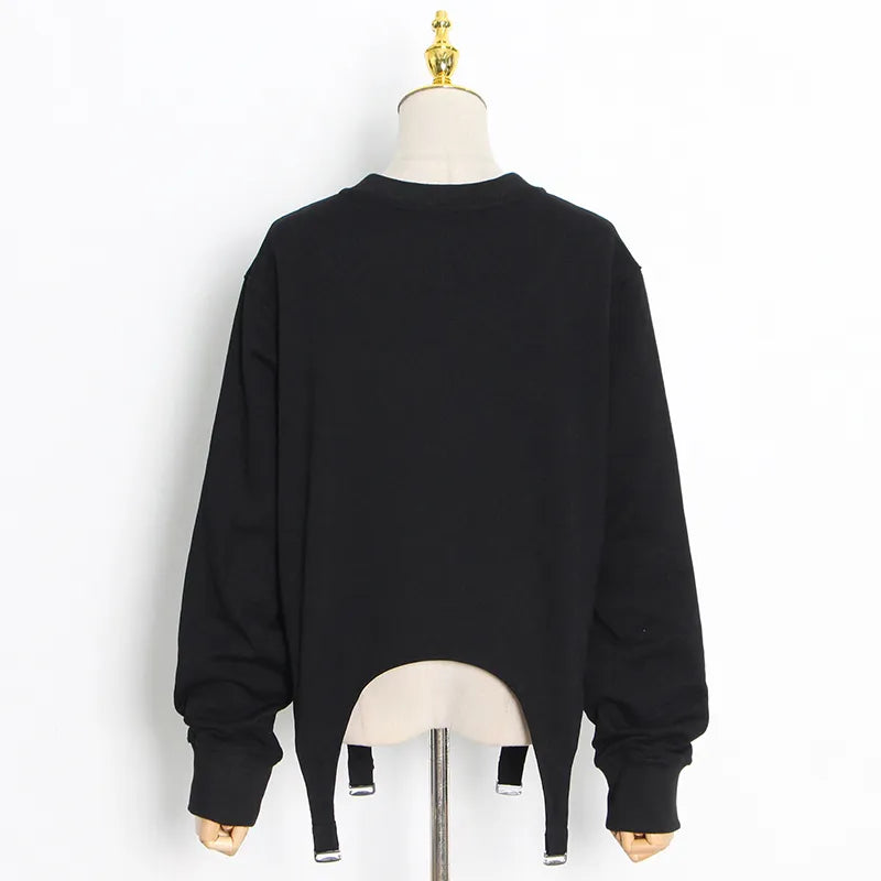 Patchwork Tape Sweatshirt For Female O Neck Long Sleeve High Waist Loose Solid Color Women's Casual Sweatshirt New