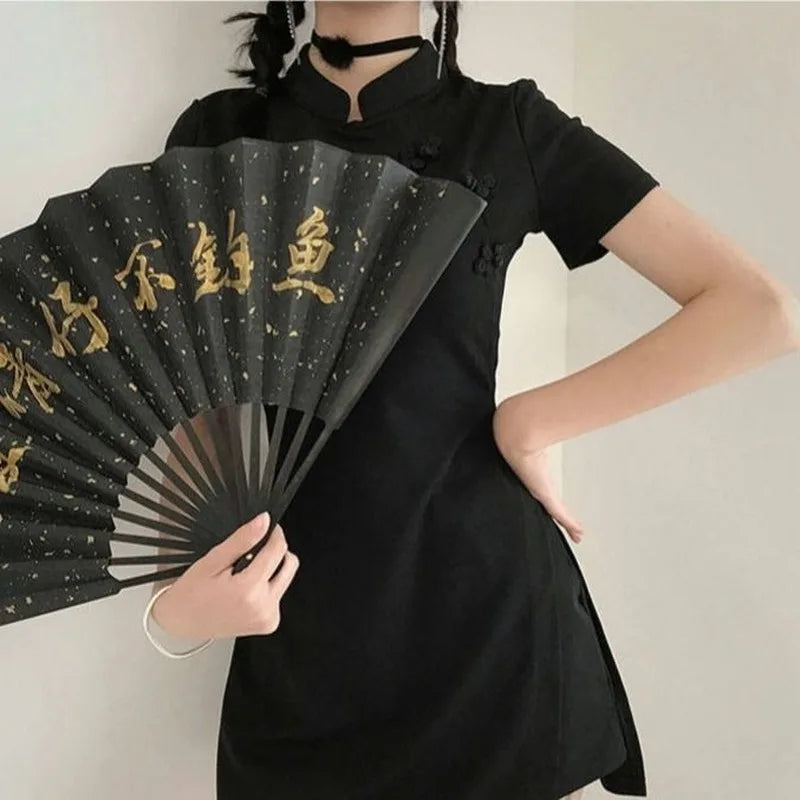 Chinese Style Black Cheongsam Dress Women Summer 2021 Qipao Vintage Sexy Bodycon Short Sleeve Mini Dresses Women