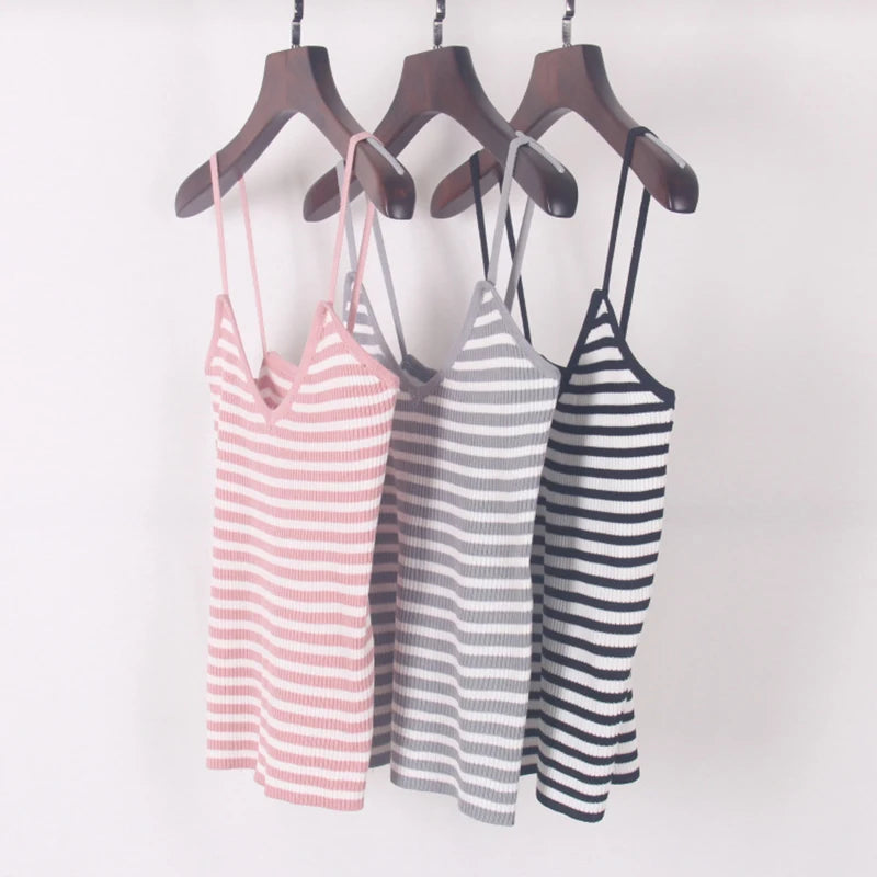 New knitted Striped Tank Tops Women Summer Camisole Vest simple Stretchable Ladies V Neck Slim Sexy Strappy Camis Tops  A-002