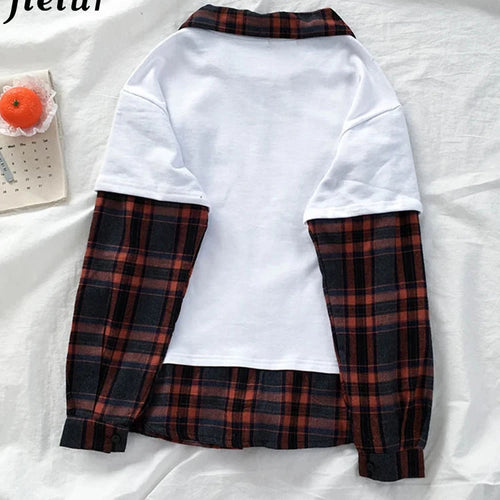 Load image into Gallery viewer, Plaid Patchwork Sweatshirt Women Fake Two Pieces Gray Black White Hoodies Street Fashion Loose Polo Female Sweatshirts
