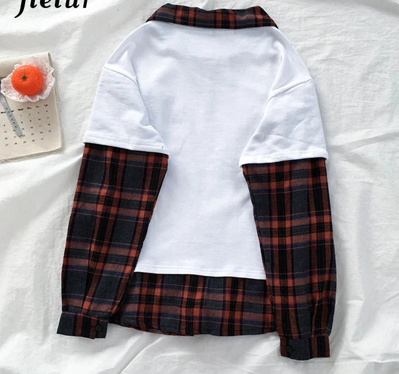 Plaid Patchwork Sweatshirt Women Fake Two Pieces Gray Black White Hoodies Street Fashion Loose Polo Female Sweatshirts