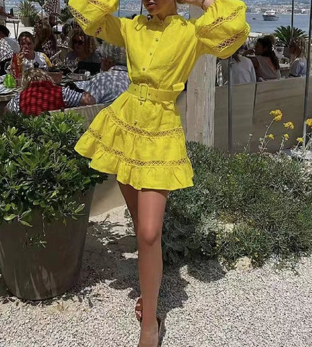 Elegant Cut Out Belt Dress For Women Stand Collar Lantern Long Sleeve Casual Loose Mini Dresses Female 2021 Autumn Style New