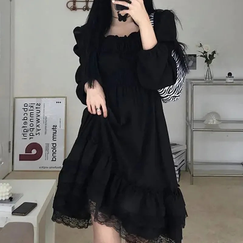 Gothic Black Lace Ruffle Dress For Girls Princess Party Ruched Fairy Grunge Long Sleeve Dresses Woman Fashion Korean