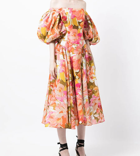 Vintage Floral Print Dress For Women Square Collar Puff Short Sleeve High Waist Fold Pleated A Line Midi Dresses Female 2021