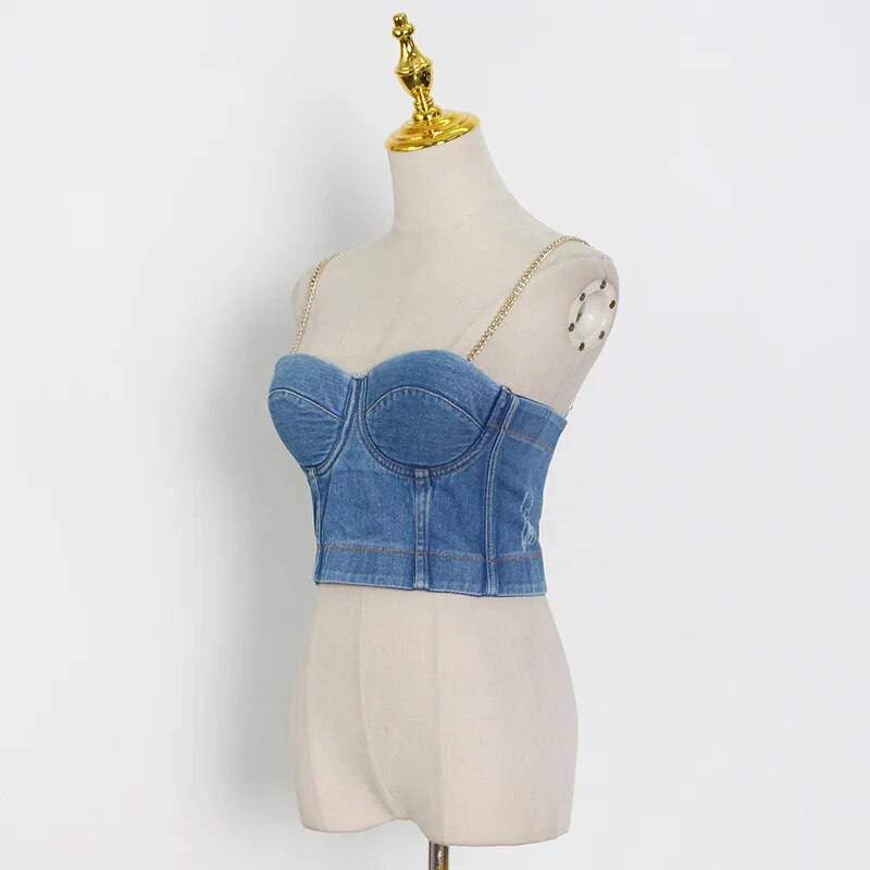 Sexy Denim Tank Tops For Women Square Collar Sleeveless Patchwork Chain Slim Short Vest Female Fashion Summer