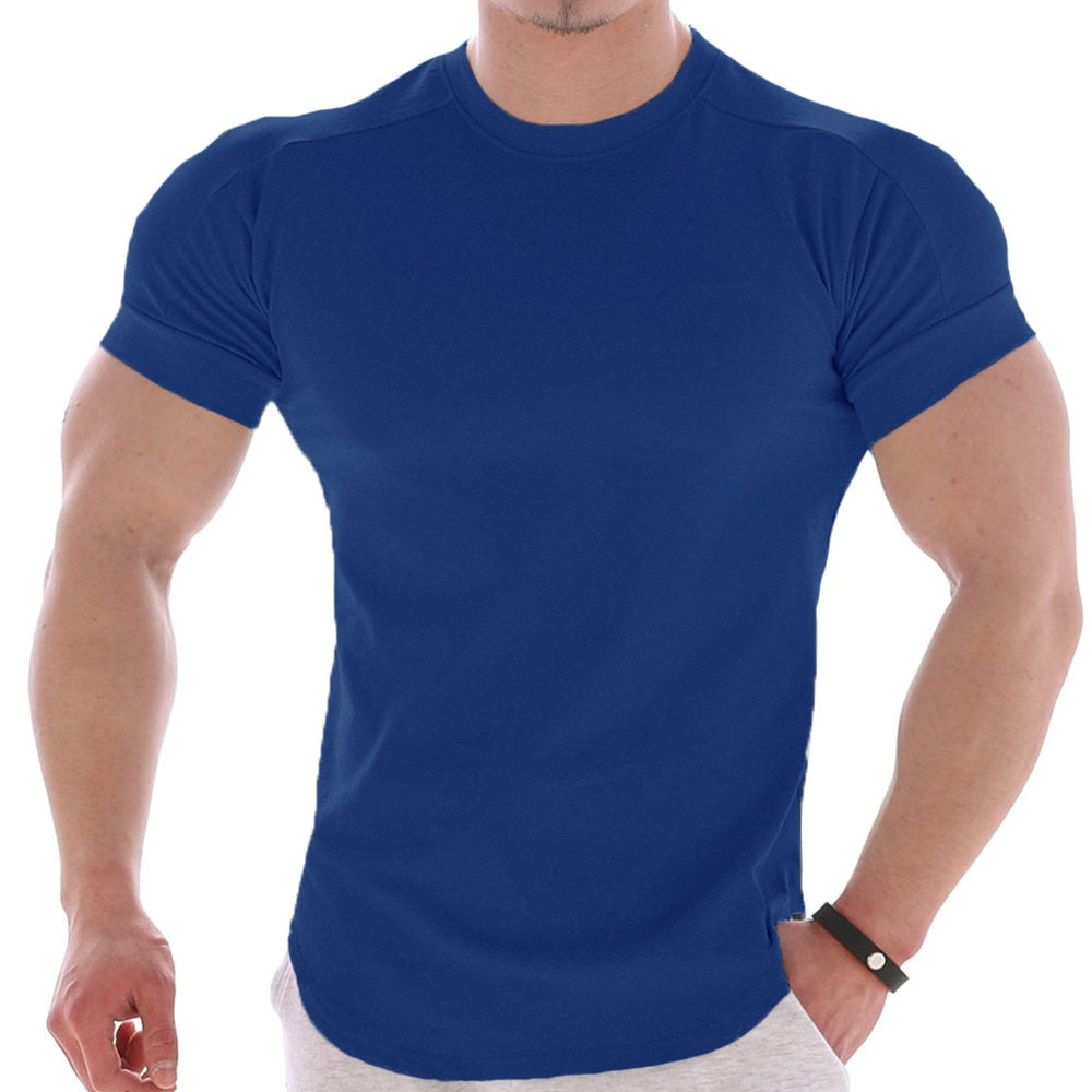 Black Gym T-shirt Men Fitness Sport Cotton Shirt Male Bodybuilding Workout Skinny Tee Training Tops Summer Casual Solid Clothing