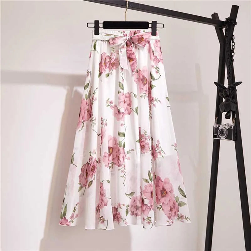 Long Skirt Women For 2024 Spring Summer Lady Korean Style White Black Chiffon Sun School High Waist Midi Skirt Female