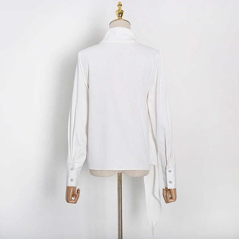White Ruched Solid Shirt For Female Stand Collar Long Sleeve Minimalist Blouse Women Fashion Clothing