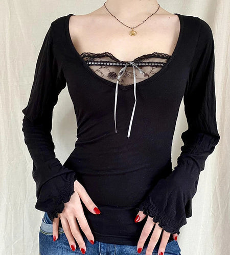Sexy Lace Patchwork Solid Casual Basic Tshirt Women Vintage Black Long Sleeve Top Tees Cute Pullovers Chic Clubwear