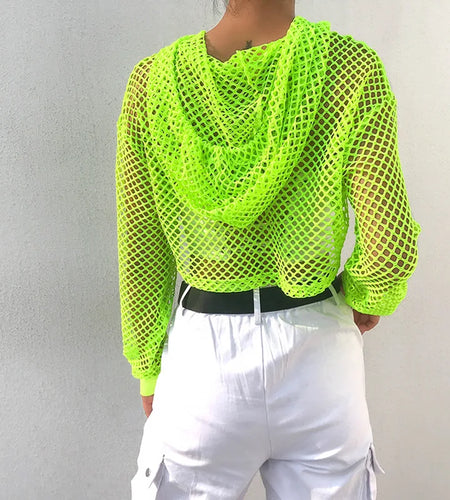 Streetwear Neon Green Mesh Fishnet Top Women Tshirt Perspective Smock Long Sleeve Women's T-shirts Sexy Cropped Shirt