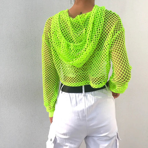 Load image into Gallery viewer, Streetwear Neon Green Mesh Fishnet Top Women Tshirt Perspective Smock Long Sleeve Women&#39;s T-shirts Sexy Cropped Shirt
