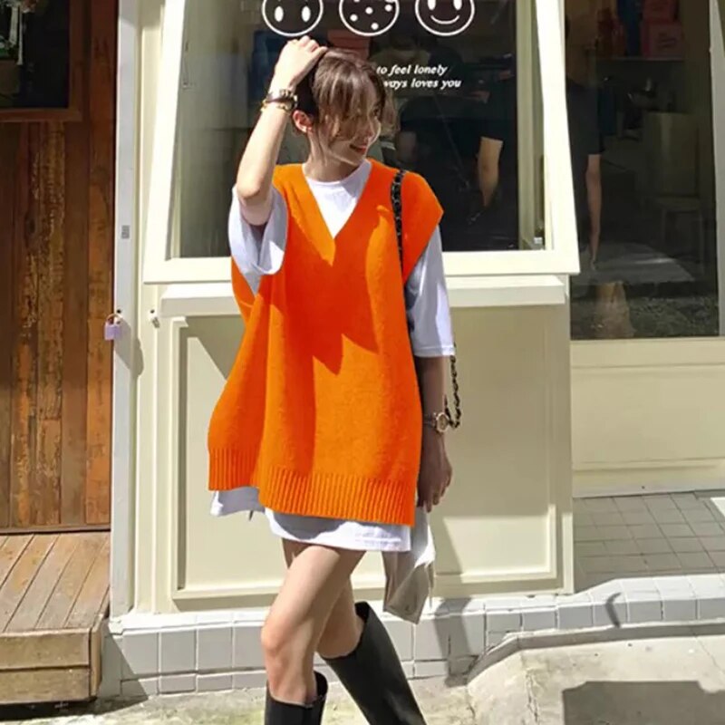 High Street Knitting Vest For Women V Neck Sleeveless Loose Waist Pullovers Female 2021 Autumn Fashion Clothing