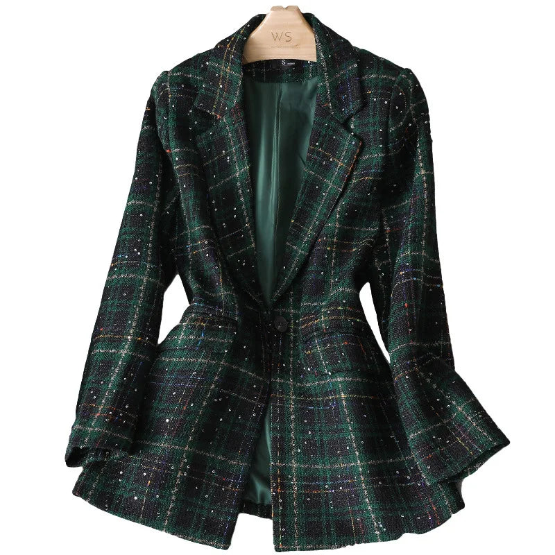 Stylish Jacket Coat Formal Blazers Lady Office Work Suit Manual Sequins Jackets Slim Plaid Outerwear Women Elegant Blazer Female