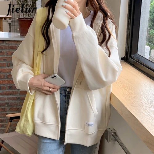 Load image into Gallery viewer, Autumn Chic Zip-up Hoodies Female Casual Street Loose Thin Blue Gray Apricot Sweatshirt Pocket Hooded Women Cardigans
