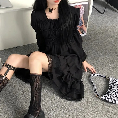 Load image into Gallery viewer, Gothic Black Lace Ruffle Dress For Girls Princess Party Ruched Fairy Grunge Long Sleeve Dresses Woman Fashion Korean
