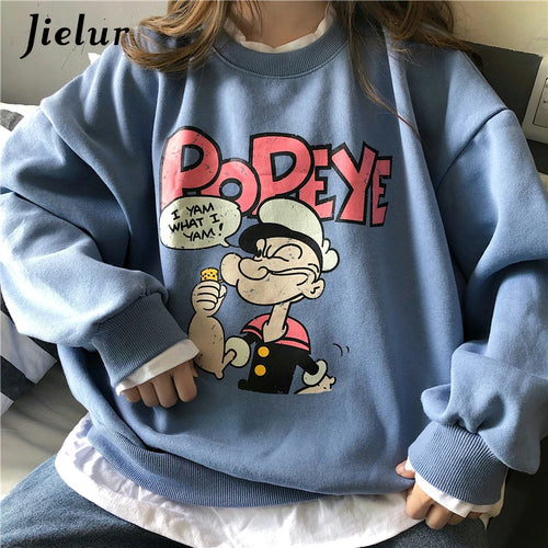 Load image into Gallery viewer, Popeye Cartoon Fake Two Pieces Sweatshirts Female Loose Printed Hoodies Beige Pullovers Kawaii Lovely Women Clothes M-XL
