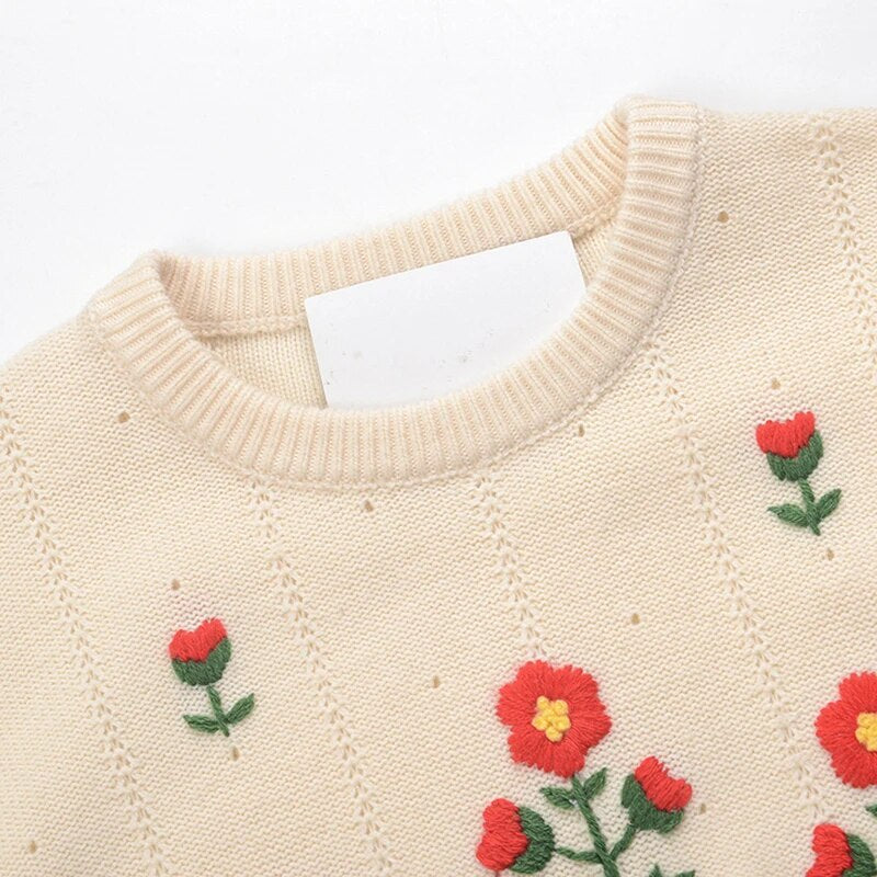 Casual Apricot Embroidered Women's Sweater Round Neck Lantern Long Sleeve Korean Fashion Sweaters Female Autumn