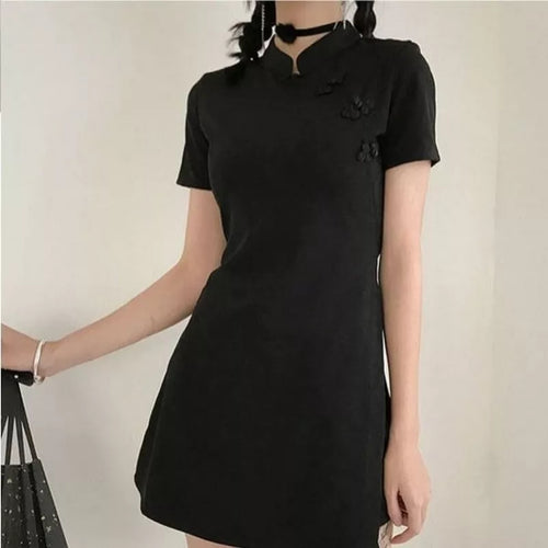 Load image into Gallery viewer, Chinese Style Black Cheongsam Dress Women Summer 2021 Qipao Vintage Sexy Bodycon Short Sleeve Mini Dresses Women
