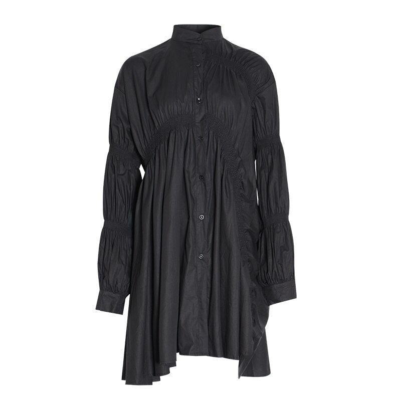 Puff Sleeve Shirt Dress Women Ruched Oversized Casual Dress Female Casual Fashion Clothing Big Size Spring