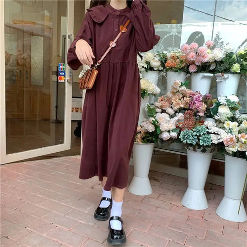 Load image into Gallery viewer, Japanese Kawaii Peter Pan Collar Dress Soft Mori Girl Long Sleev Midi Red Wine Dress Lolita Cute Clothes Autumn
