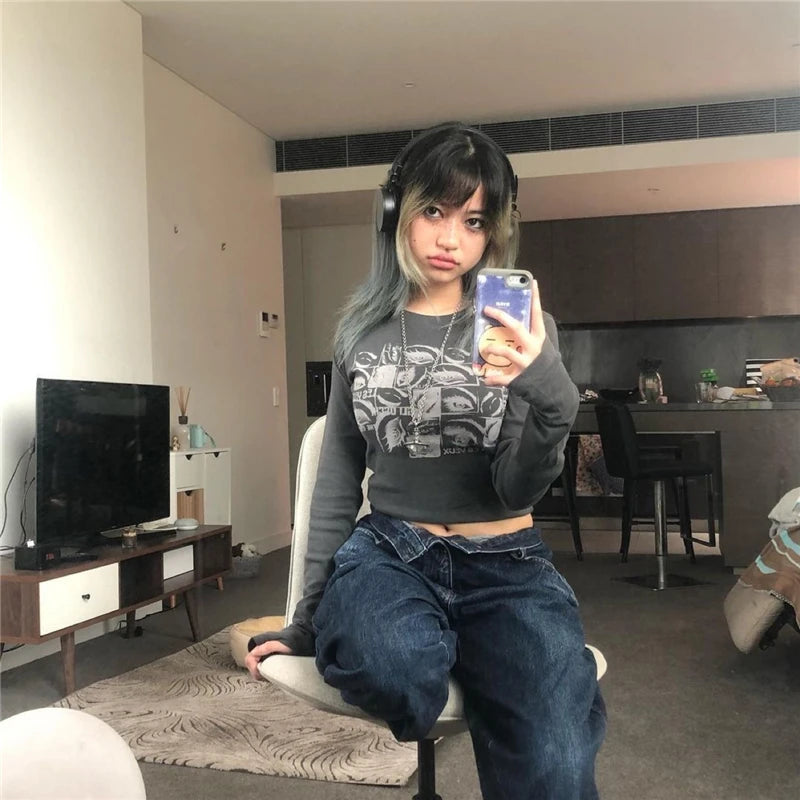 Y2k Aesthetic Grunge Goth T-shirt Tee Female Clothing Y2k Graphic Print Long Sleeve Tops Harajuku Clothes Streetwear