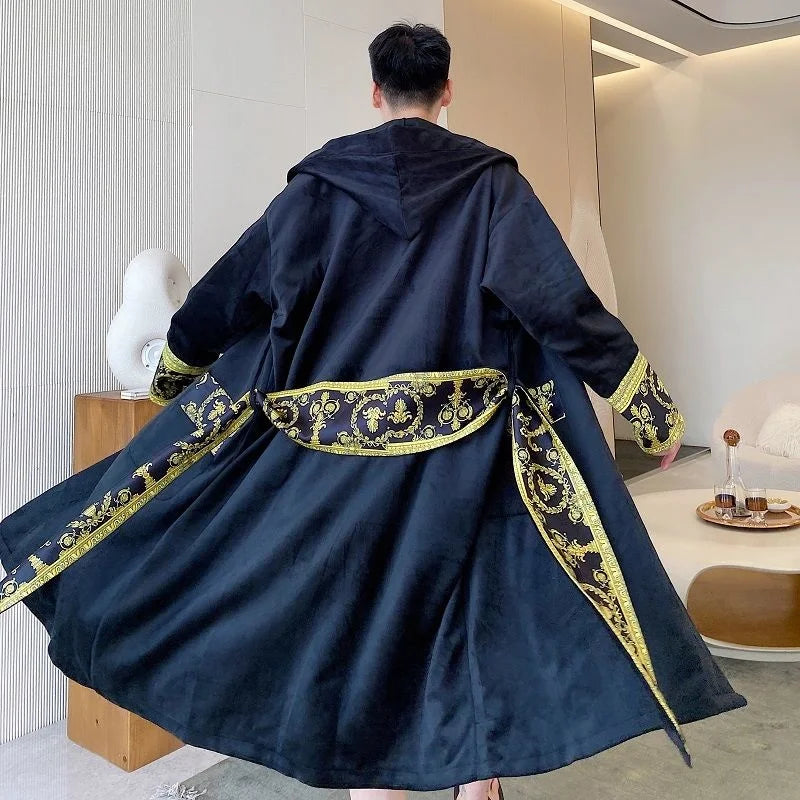 Winter Thickened Comfortable Velvet Light Luxury Hooded Long Nightgown Men's Fashion Robes Belted Warm Clothes 9Y9924