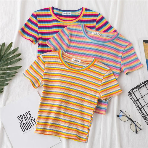 Load image into Gallery viewer, New T Shirt Women Rainbow Striped Tops Slim Fit t shirt Harajuku Tshirt Summer Short Sleeve Korean T-shirt feminina Clothes Tops
