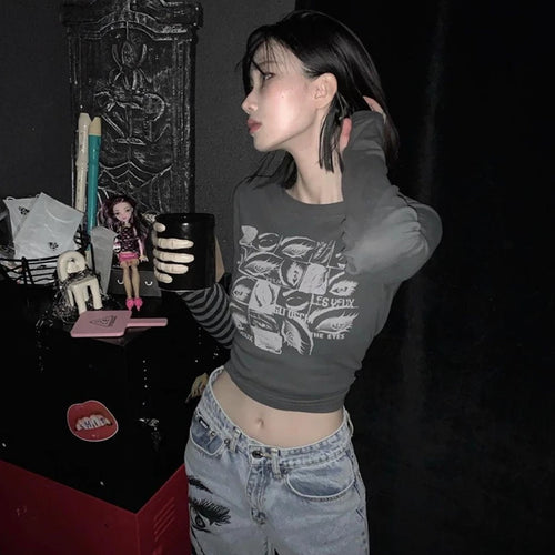 Load image into Gallery viewer, Y2k Aesthetic Grunge Goth T-shirt Tee Female Clothing Y2k Graphic Print Long Sleeve Tops Harajuku Clothes Streetwear
