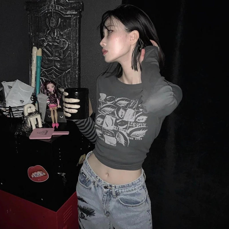 Y2k Aesthetic Grunge Goth T-shirt Tee Female Clothing Y2k Graphic Print Long Sleeve Tops Harajuku Clothes Streetwear