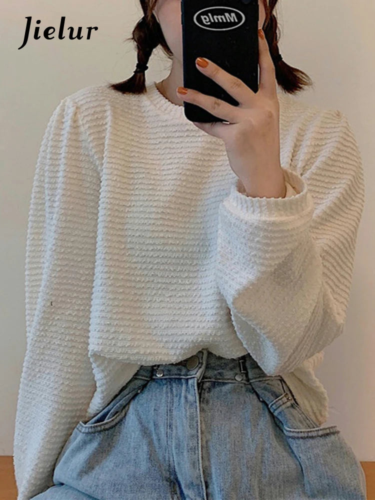 Solid Color All-match Long-sleeved T Shirt Women Round Collar Beige Female Tops  Spring Autumn Fashion Black T-shirts