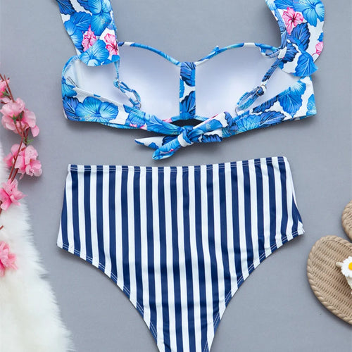 Load image into Gallery viewer, Blue Flower Print Ruffled Bikini Set Stripe High Waist Swimsuit Sexy Swimwear Women Female Bandage Bathing Suit
