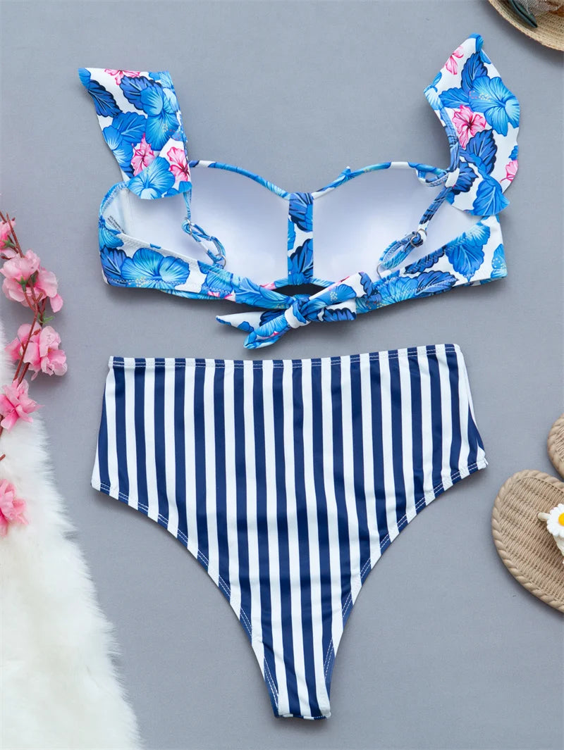 Blue Flower Print Ruffled Bikini Set Stripe High Waist Swimsuit Sexy Swimwear Women Female Bandage Bathing Suit