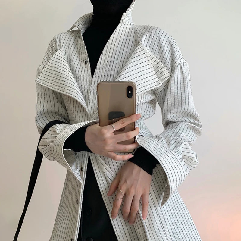 Casual Striped Blouse For Women Lapel Long Sleeve Side Split Large Size Temperament Shirt Female Fashion Clothing