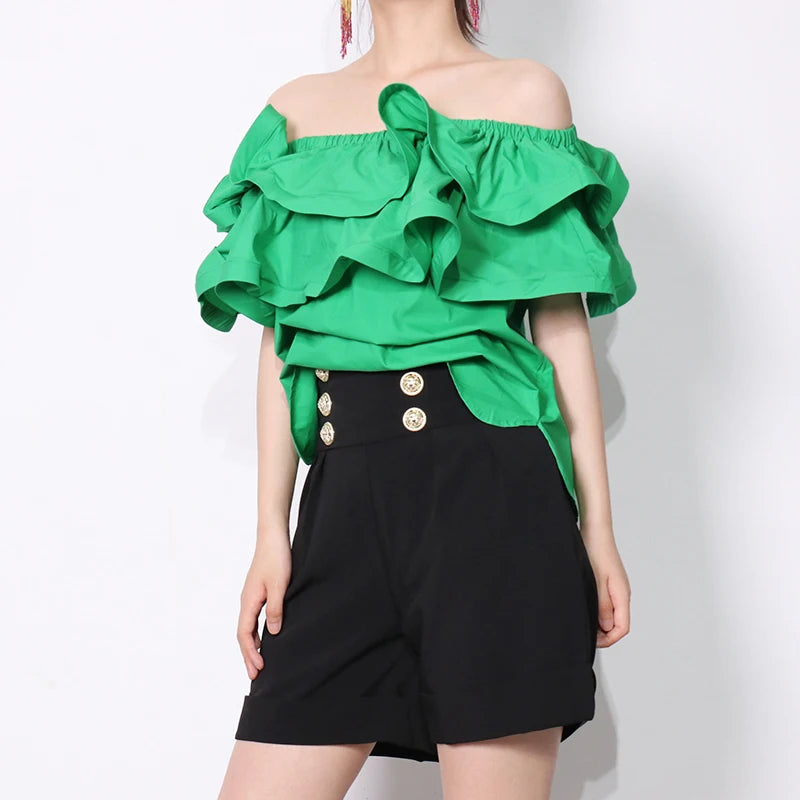Chic Patchwork Ruffle Shirt For Women Slash Neck Short Sleeve Casual Green Blouse Female Fashion Clothing