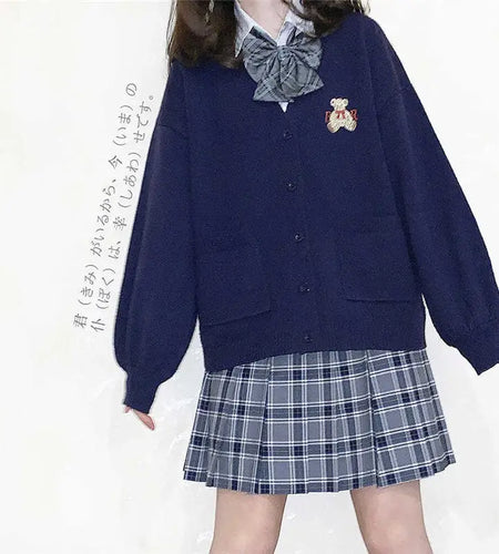 Women Sweater Vintage Y2k Loose Knitted Cardigan Bear Embroidery Jumper 2025 Japan Korean V-neck Casual Coat Jackets