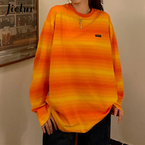 Load image into Gallery viewer, Green Striped Hoodies Women Long-sleeved O-neck Colorful Sweatshirt Female New Harajuku Fashion Orange Pullover M-XL
